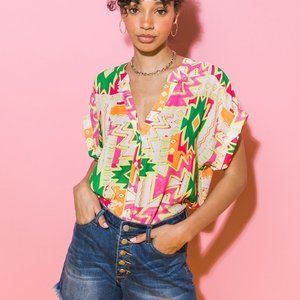 𝅺FLYING Tomato Women's Aztec Printed Button Down Short Sleeve Blouse